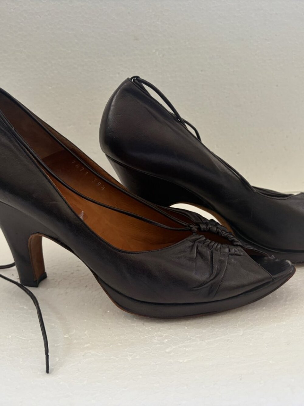 Vintage Dries Van Noten Black Leather Peep-Toe Lace-Up Platform Heels, Size 39.5